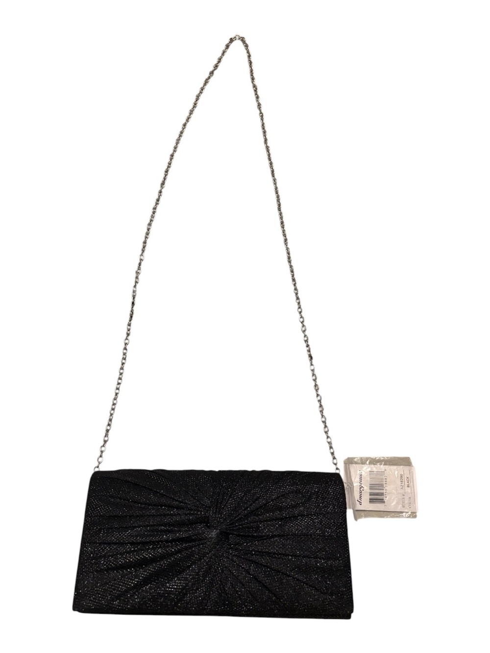 D’Margeaux New York Black Shimmer Ruched Evening Clutch with Chain Strap- Black